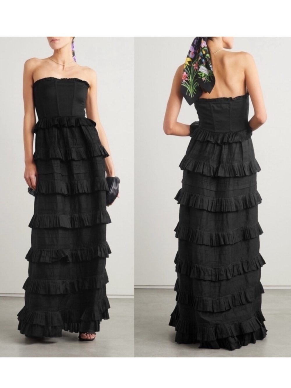 New DOEN Operetta Ruffled Tiered Ramie-voile Maxi Dress in Black Size XL